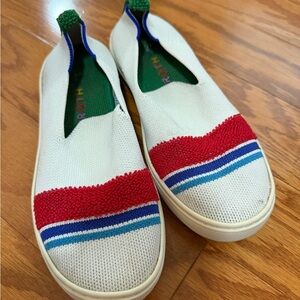 Rothy's Kids Size 2 White Slip-On Sneakers with Red Wave & Blue Stripe Accents